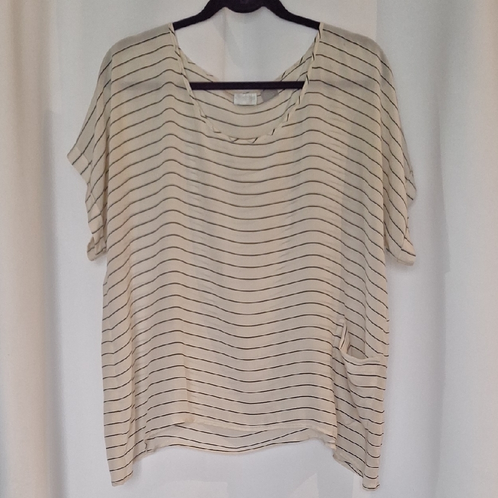 Lilu Beige With Blue Strips Pullover 100% Silk Blouse Size L